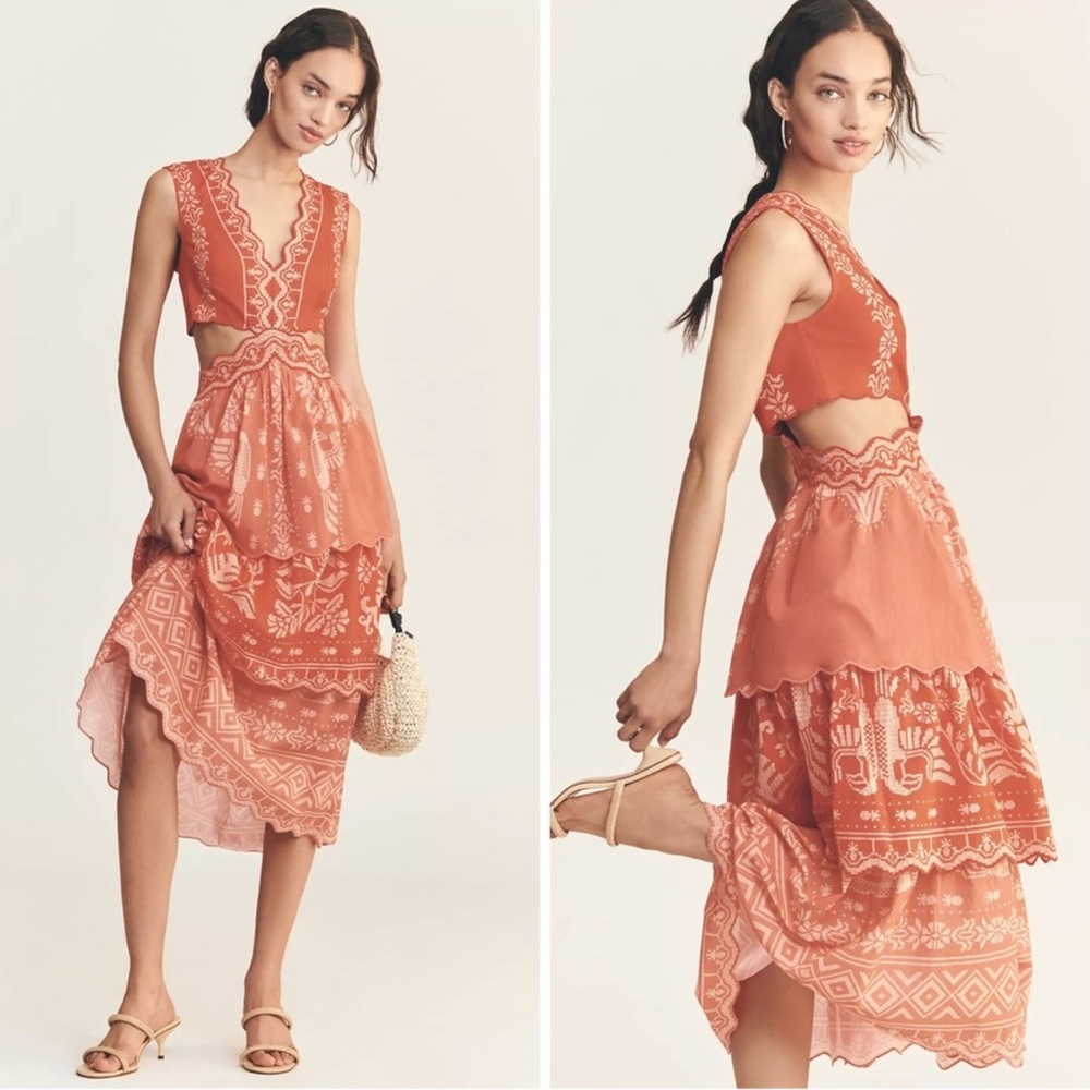 Farm Rio Anthropologie Eyelet Tiered Ruffle Midi Dress Tropical Small